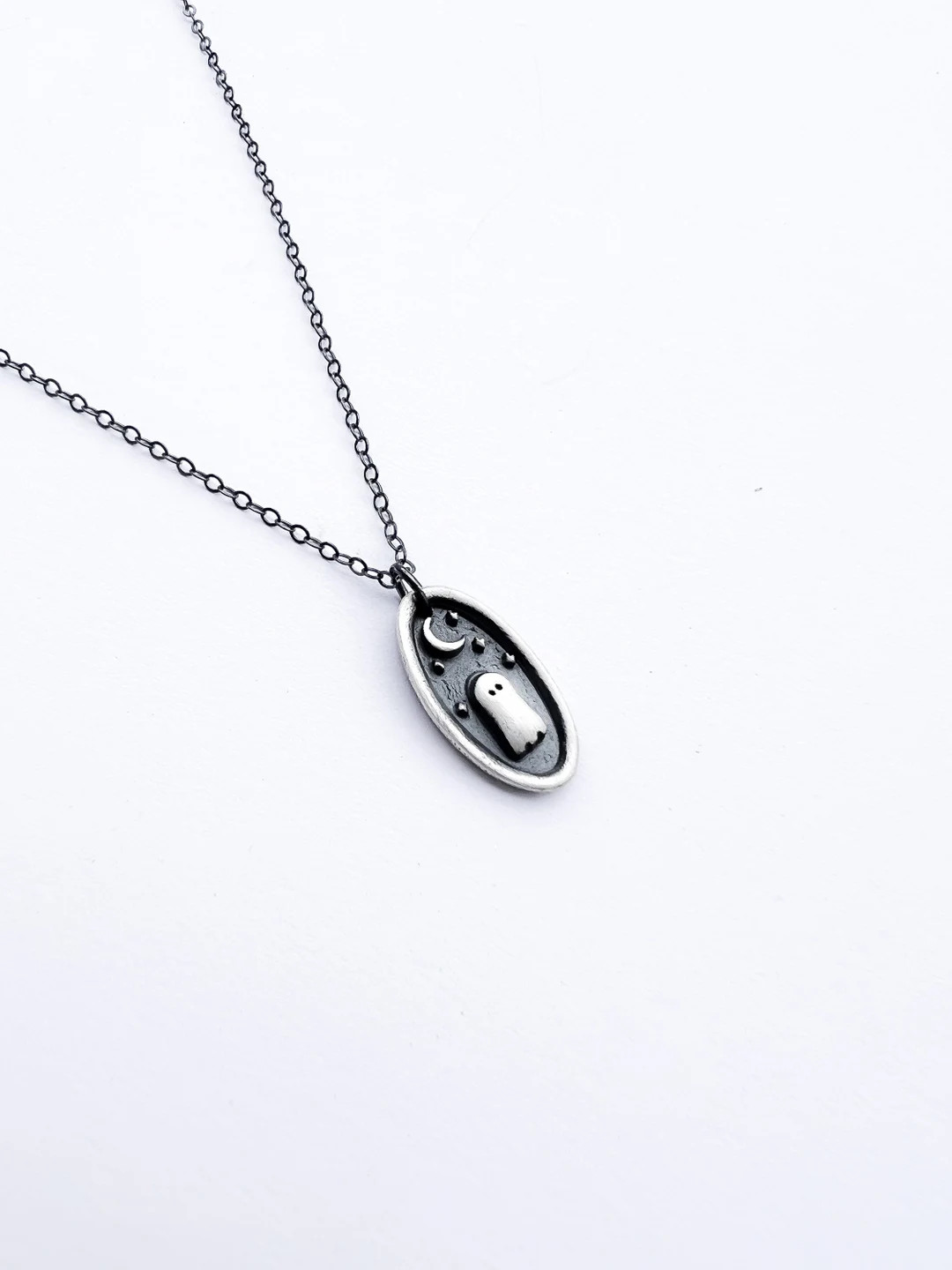 Tiny Ghost Necklace Under a Crescent Moon Perfect for Halloween, October, Autumn/fall. Spooky Hal... | Etsy (US)