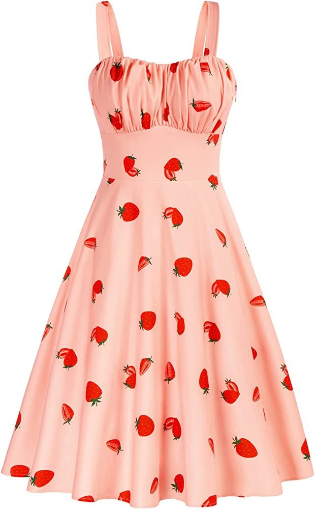 Belle Poque Women's Vintage Sleeveless Solid Floral Ruched Summer Cute A-Line Flowy Swing Midi Dr... | Amazon (US)