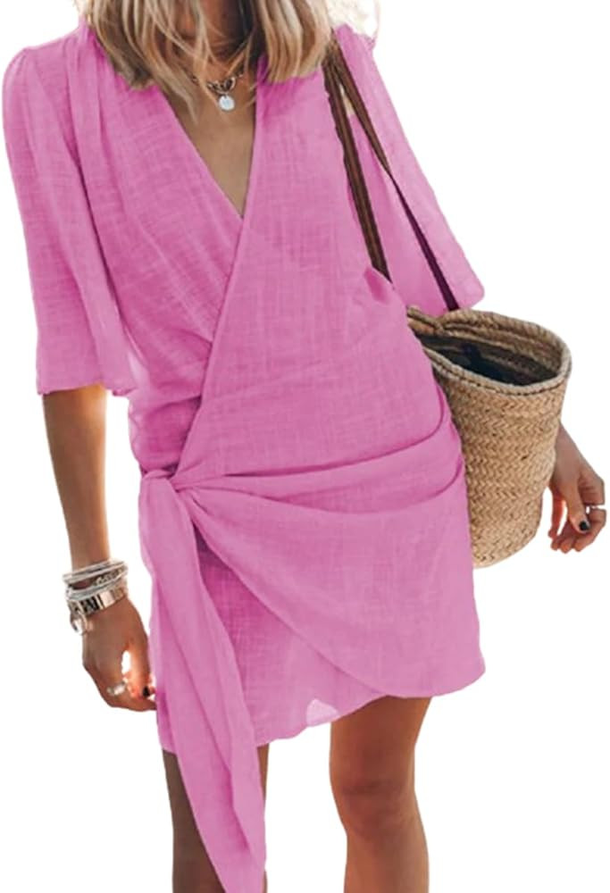 Amazon.com: Womens Summer Beach Cotton Linen Dress Soild Color Shrot Sleeve Cross V-Neck Wrap Gow... | Amazon (US)