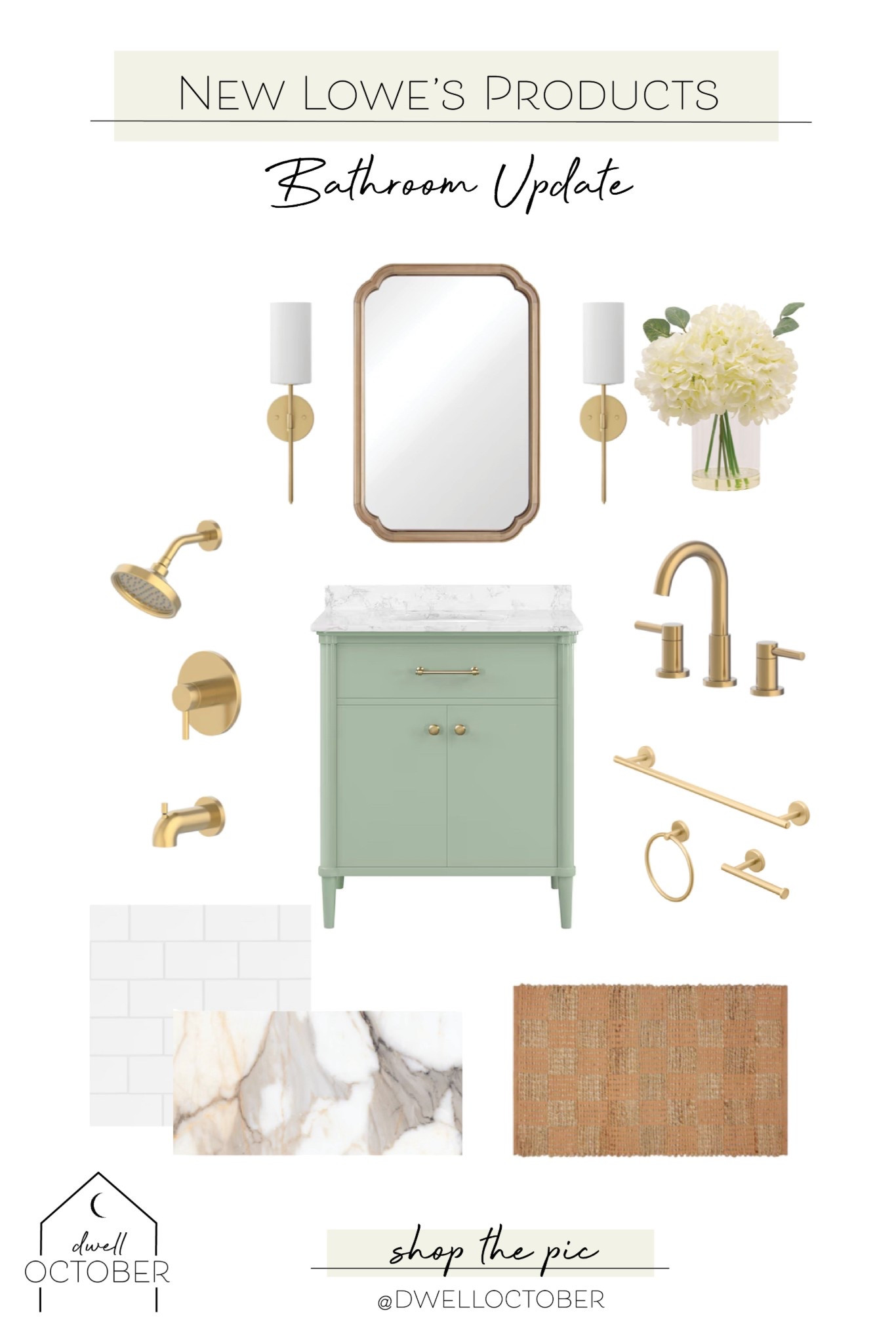 #AD here at #dwelloctoberstudio we're excited to team up with @loweshomeimprovement to create two beautiful bathroom designs featuring brand new products available at @loweshomeimprovement. this design features a gorgeous sea green vanity available exclusively at Lowe's. in addition to being stylish, this vanity is also very functional—with a two-door cabinet and a tilt-down drawer, it offers plenty of storage space for daily essentials. to compliment the elegant gold hardware on the vanity, we selected brushed gold plumbing and lighting fixtures, then opted for a natural wood mirror to balance out the metal. a jute accent rug with metallic gold geometric designs ties the look together. for hard surfaces, we selected simple white subway tile for the walls and stunning marble-look porcelain floor tile with shades of gray, white, and gold. we're planning to use these designs to renovate two bathrooms for a local apartment owner, so let us know which one is your favorite, then stay tuned to see how the renovations turn out! #LowesPartner #dwelloctober 

 

#LTKHome #LTKFindsUnder50 #LTKFindsUnder100