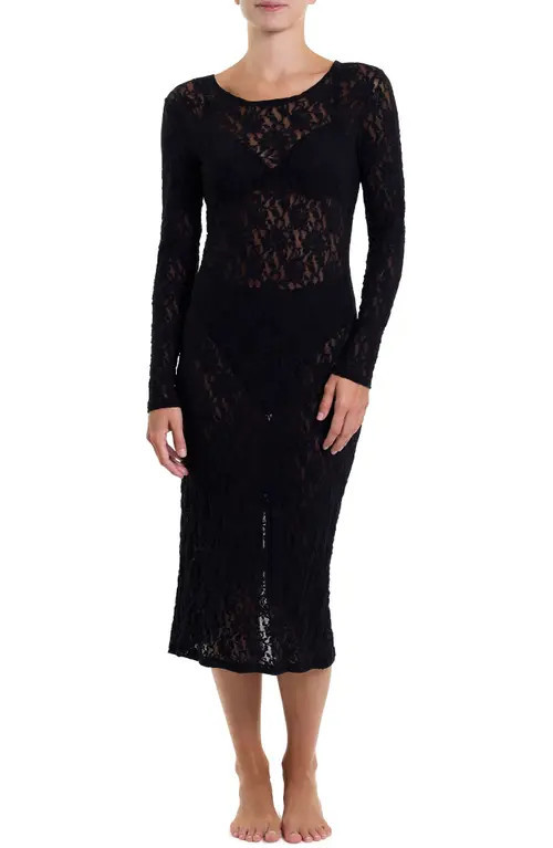 Hanky Panky Signature Long Sleeve Sheer Lace Midi Dress in Black at Nordstrom, Size Medium | Nordstrom