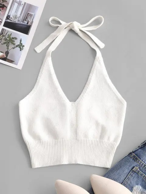 Solid Knitted Halter Crop Top - White S | ZAFUL (Global)