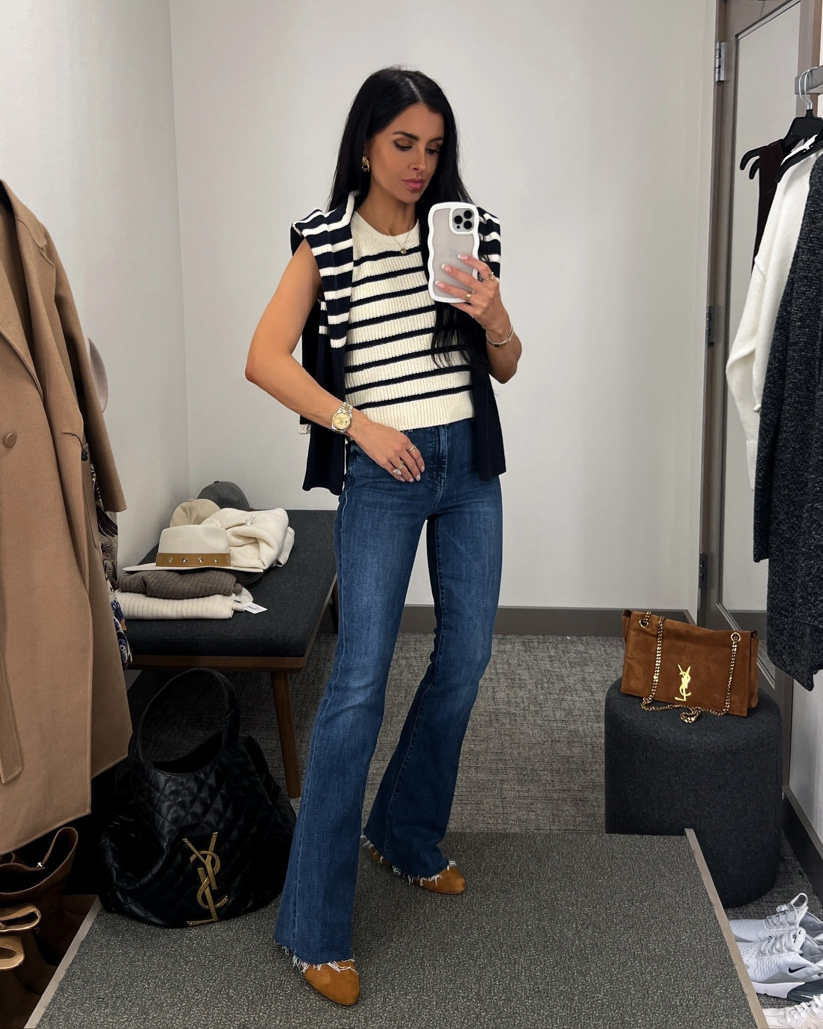 Nordstrom anniversary sale 2025
Fall outfit ideas 
Rag & bone stripe cardigan wearing an XS
Rag & bone stripe sweater vest wearing an xs
Mother flared denim wearing a 24
Marc fisher tan suede booties run tts
#nordstrom #nsale 

#LTKPetite #LTKSeasonal #LTKSaleAlert