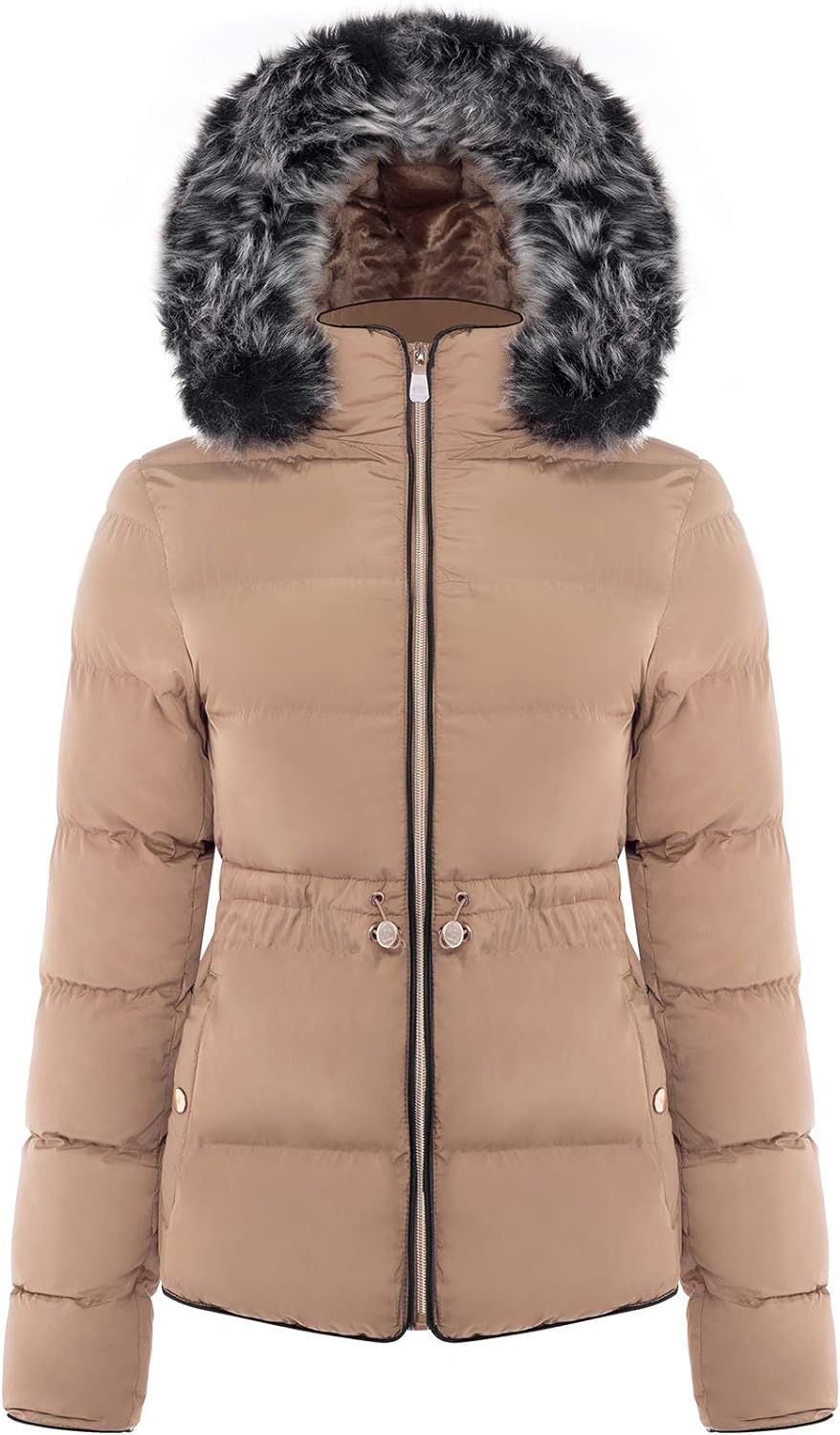 BodiLove Women's Winter Quilted Puffer Short Coat Jacket with Removable Faux Fur Hood and Zipper | Amazon (US)