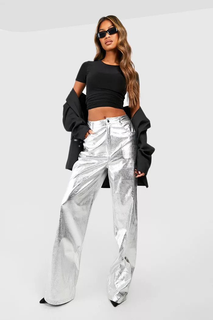 High Waisted Metallic Full Length Pants | Boohoo.com (US & CA)