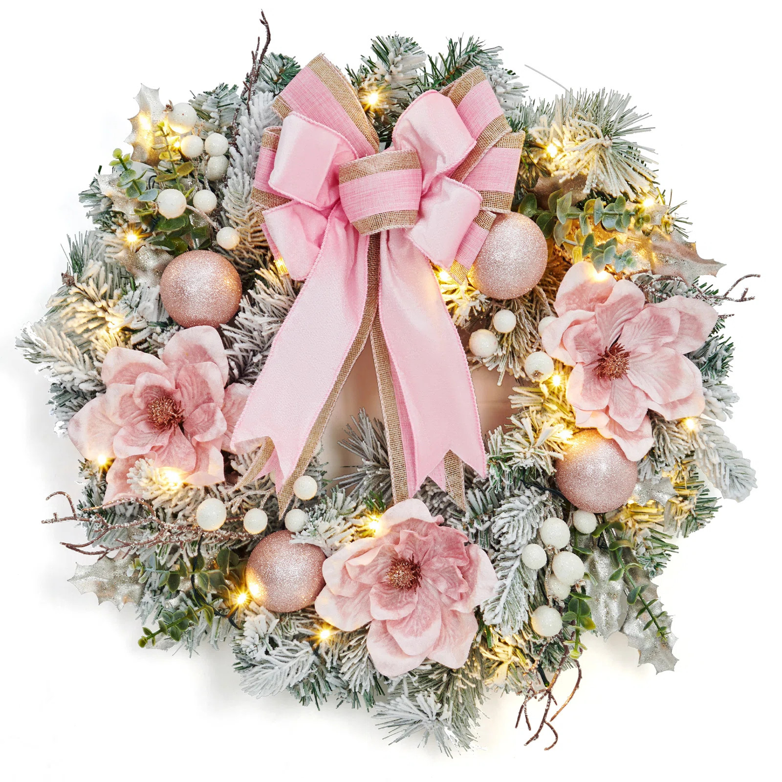 24" Christmas Wreath for Front Door with 20 LED Lights Battery Operated, Artificial Holiday Wreath | Wayfair North America