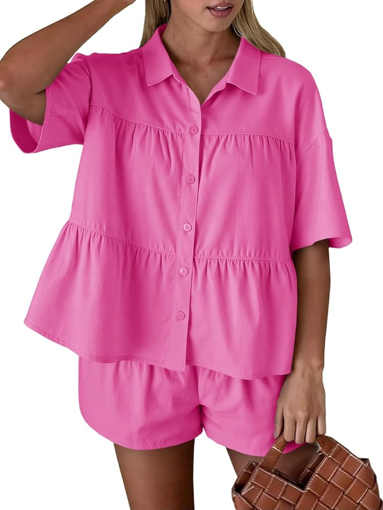 Cicy Bell Womens 2 Piece Outfits Summer Pleated Button Down Shirts High Waisted Shorts Lounge Set... | Amazon (US)