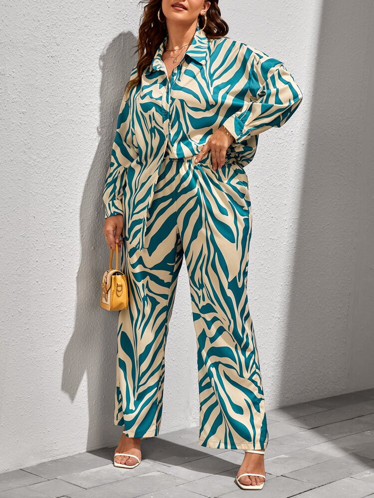 EMERY ROSE Plus Zebra Striped Drop Shoulder Shirt & Pants | SHEIN
