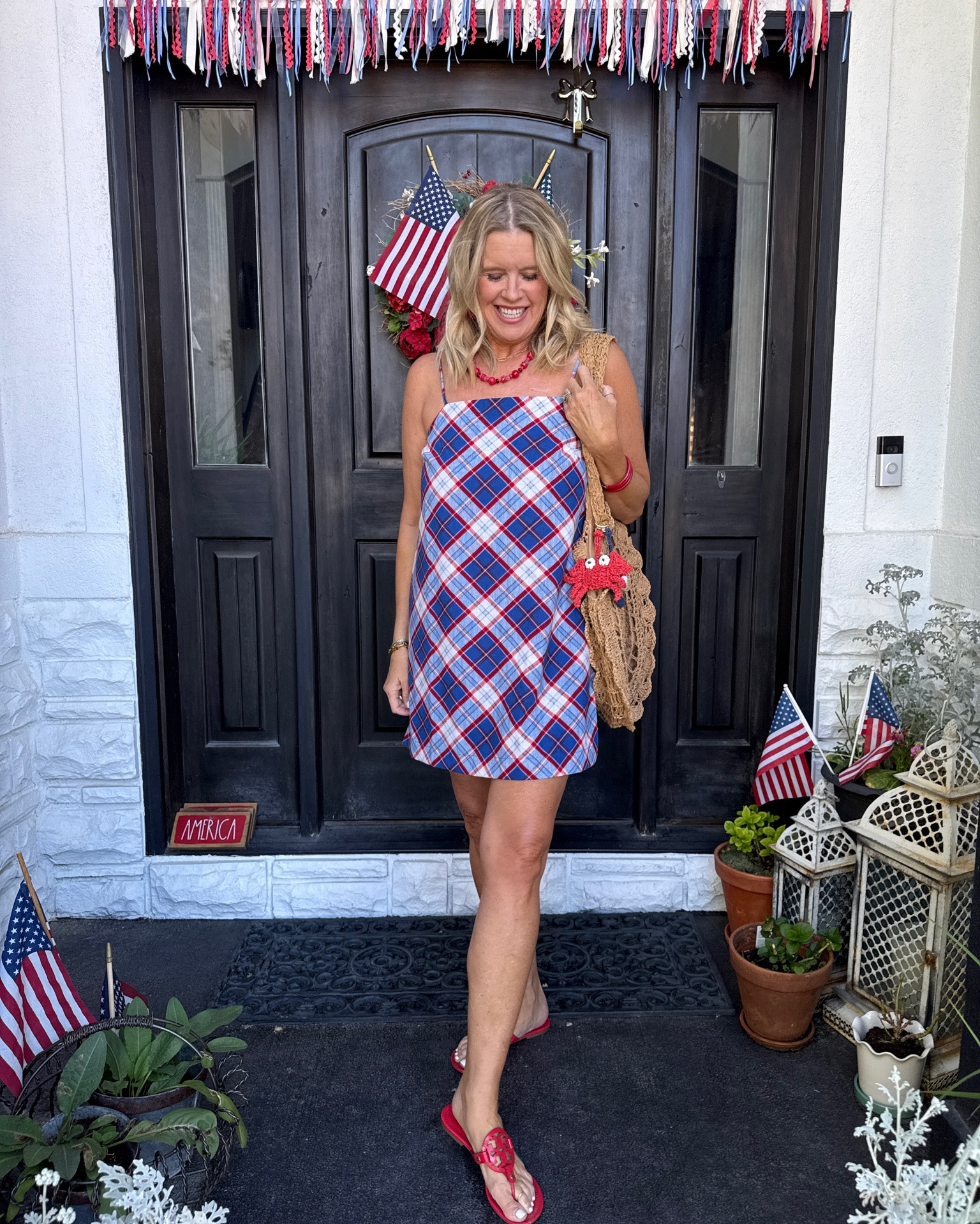 Hurry fast sell out chance

The cutest plaid dress with boys on the back straps
Wear all summer long and cute for the 4th 
Fits tts 
I got a med 

Red beaded Allie Bess 
Save 20% with my code DARCY20

Red Tory Burch miller s 
Tts 

Straw bag mine was Anthro a couple years ago  linked similar and similar bag charms

#LTKootd #LTKOver40 #LTKSaleAlert