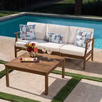 Perla 4pc Acacia Wood Sectional Sofa Set Teak/Cream - Christopher Knight Home: Weather-Resistant Outdoor Seating | Target