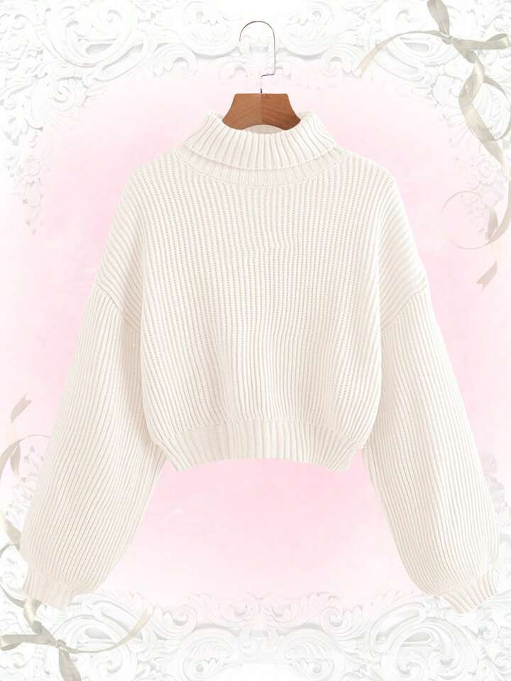 ROMWE Kawaii Women's High Collar Lantern Sleeve Sweater | SHEIN