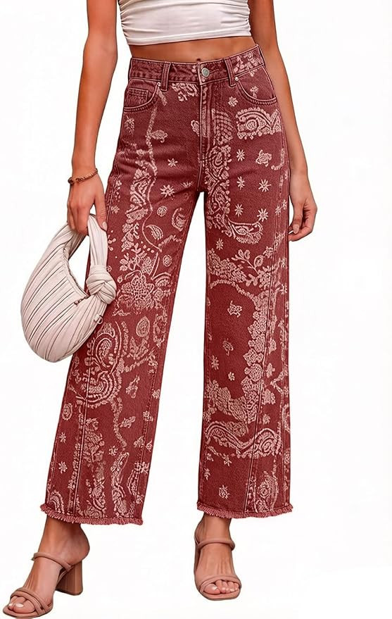 CHARTOU Women High Waisted Wide Leg Jeans Casual Stretchy Raw Hem Cropped Denim Pants | Amazon (US)