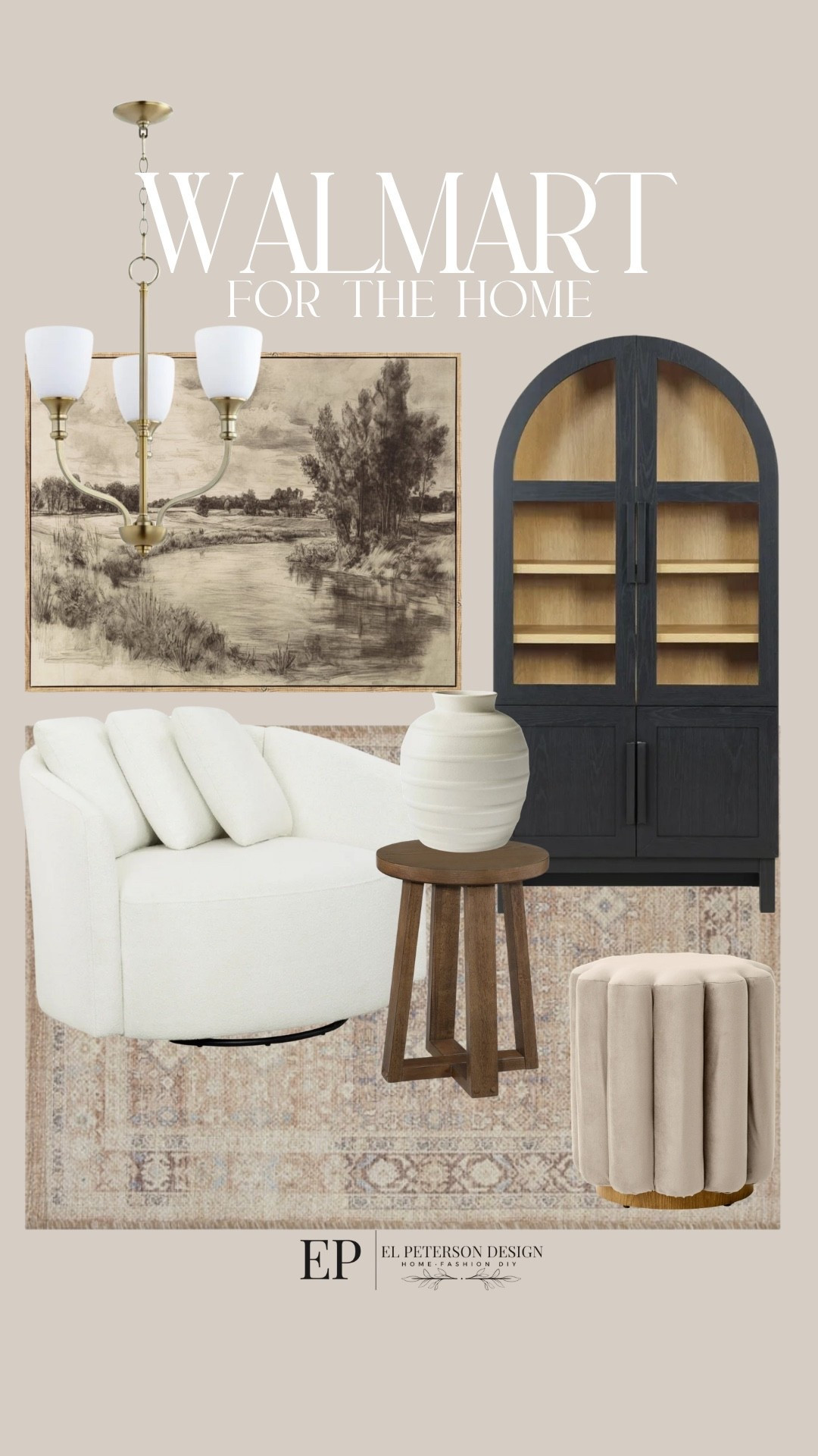 Walmart
Artwork
Chandelier 
Accent Chair
Area rug
Ottoman
End table 
Vase
Stem
Tall accent cabinet

#LTKHome