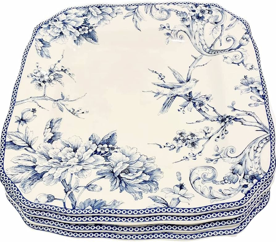 222 Fifth Adelaide Blue Toile Square Dinner Plates | Fine China/Porcelaine | Set of 4 | 10.75" x ... | Amazon (US)