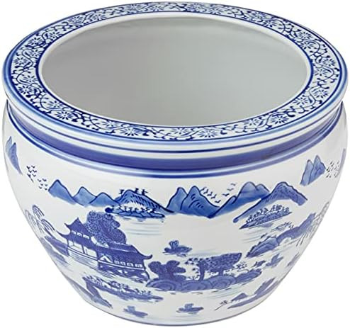 Oriental Furniture 12" Landscape Blue & White Porcelain Fishbowl | Amazon (US)