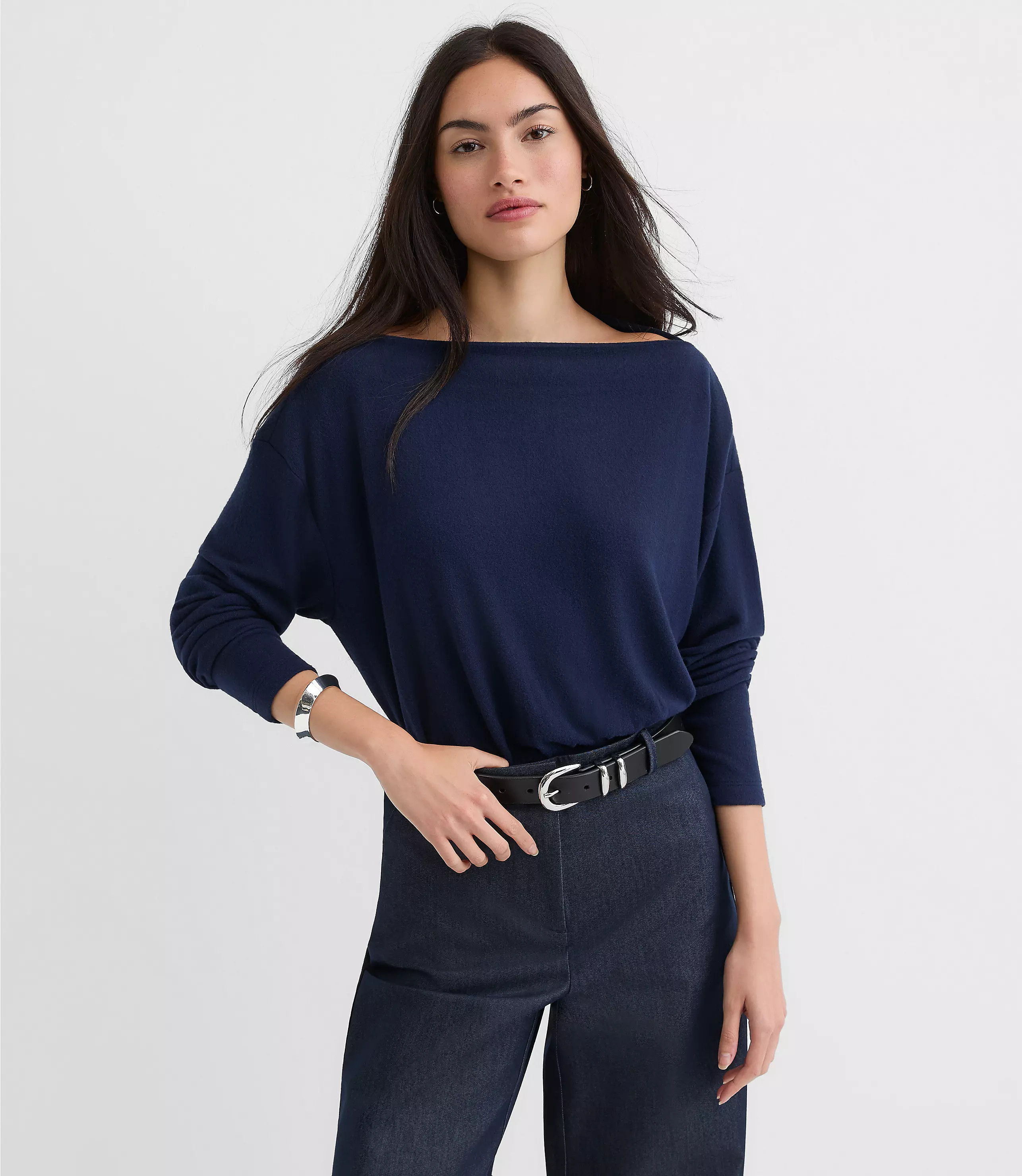 Petite Ruched Hem Boatneck Top | LOFT