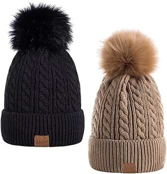 Alepo Womens Winter Beanie Hat, Warm Fleece Lined Knitted Soft Ski Cuff Cap with Pom Pom | Amazon (US)