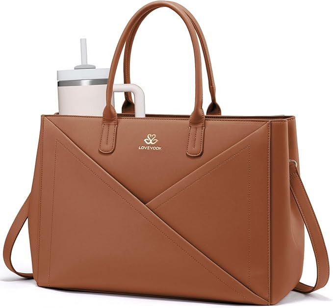 LOVEVOOK Laptop Tote Bag for Women with Large Cup Holder, 15.6 Inch PU Leather Work Bag Teacher T... | Amazon (US)
