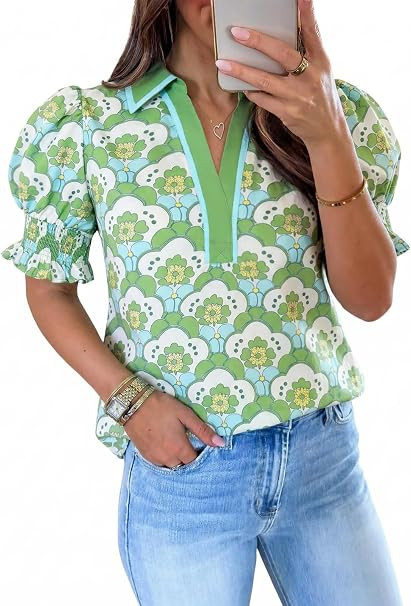 Amazon.com: Tankaneo Womens Floral Puff Sleeve Blouses Summer V Neck Collared Tops Dressy Casual ... | Amazon (US)