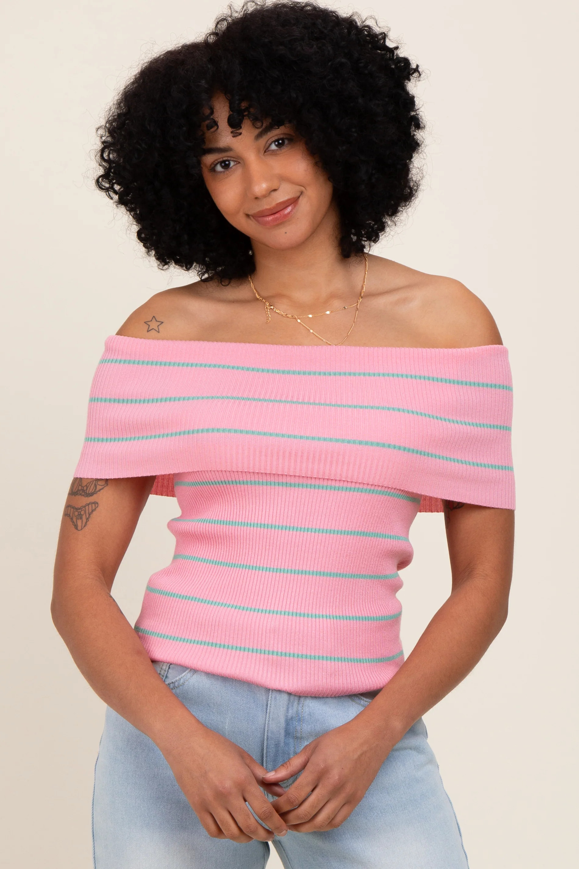 Light Pink Striped Off The Shoulder Sweater Top | PinkBlush Maternity