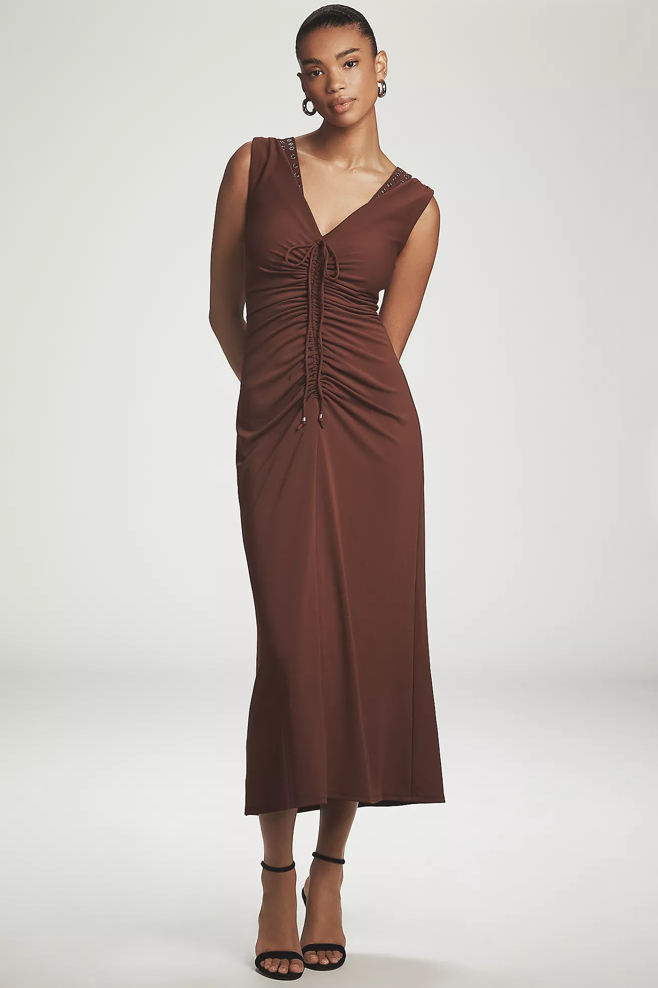 Maeve Sleeveless V-Neck Studded Ruched Midi Dress | Anthropologie (US)