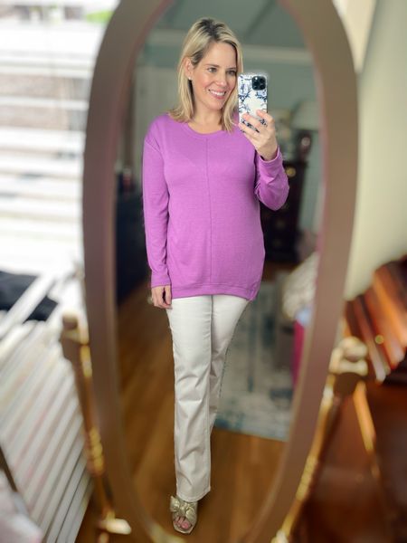 Orchid color tunic sweater for women, white bootcut jeans, spring sweater, mom outfit, SAHM outfit, casual work outfit, tummy control jeans 

#LTKfindsunder100 #LTKover40 #LTKfindsunder50