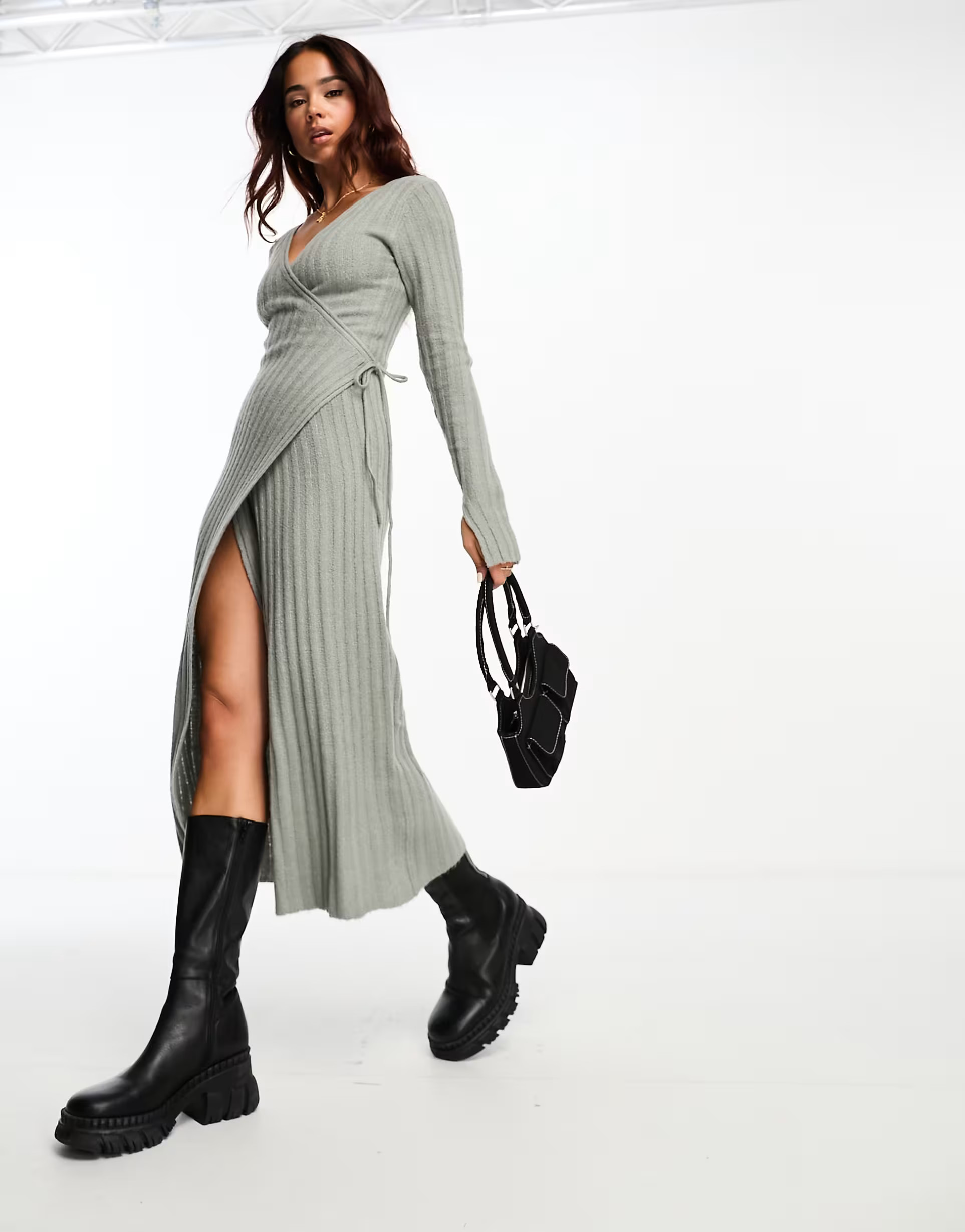 ASOS DESIGN knit midi dress with wrap front in gray | ASOS (Global)
