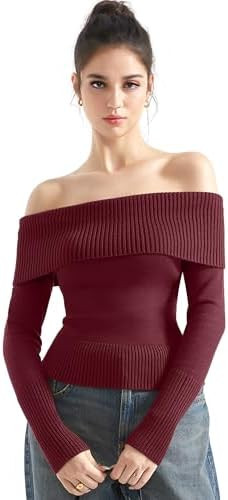 SUUKSESS Women Off Shoulder Sweaters Long Sleeve Ribbed Knit Going Out Fall Tops Blouse | Amazon (US)