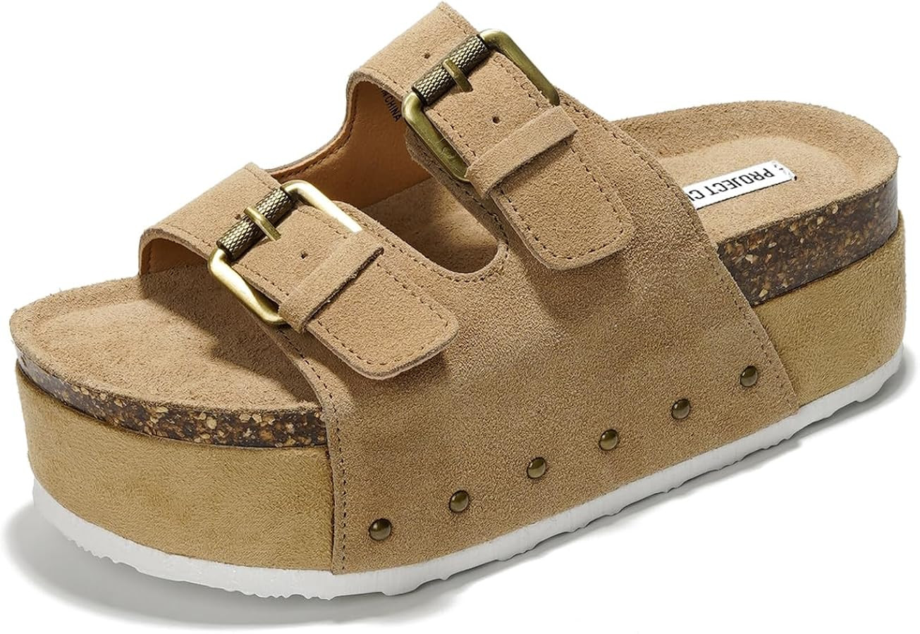 Project Cloud 100% Genuine Leather Platform Sandals Women - Memory Foam Insole with Two-Buckle - ... | Amazon (US)