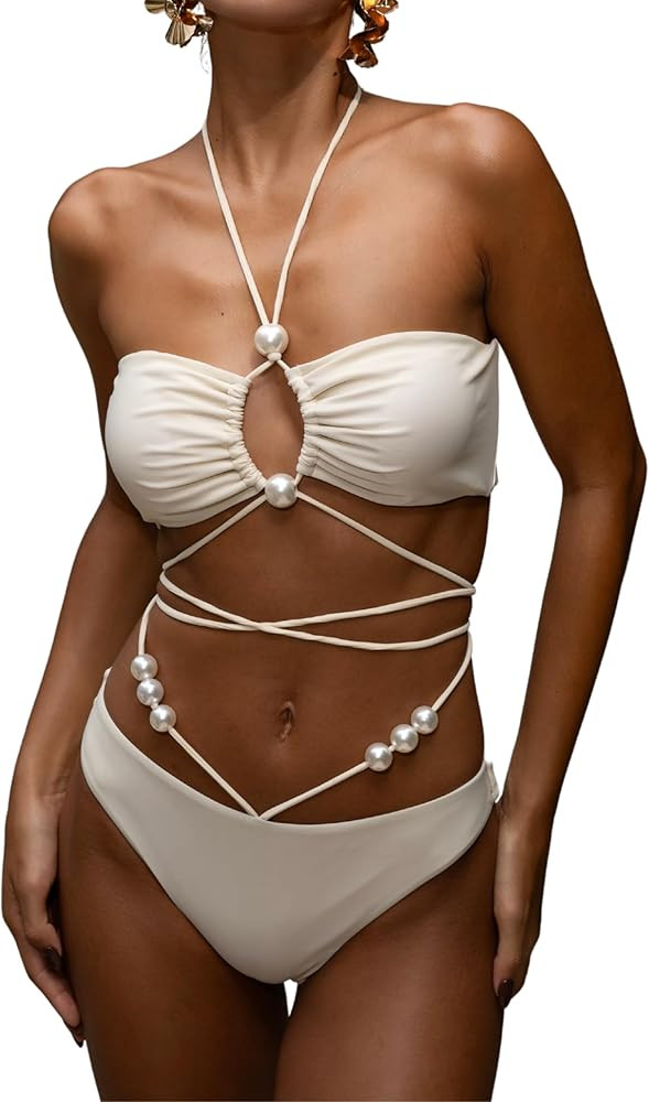 FLAXMAKER Halterneck Pearl Bandeau High Waist Bikini and Sarong Set | Amazon (US)