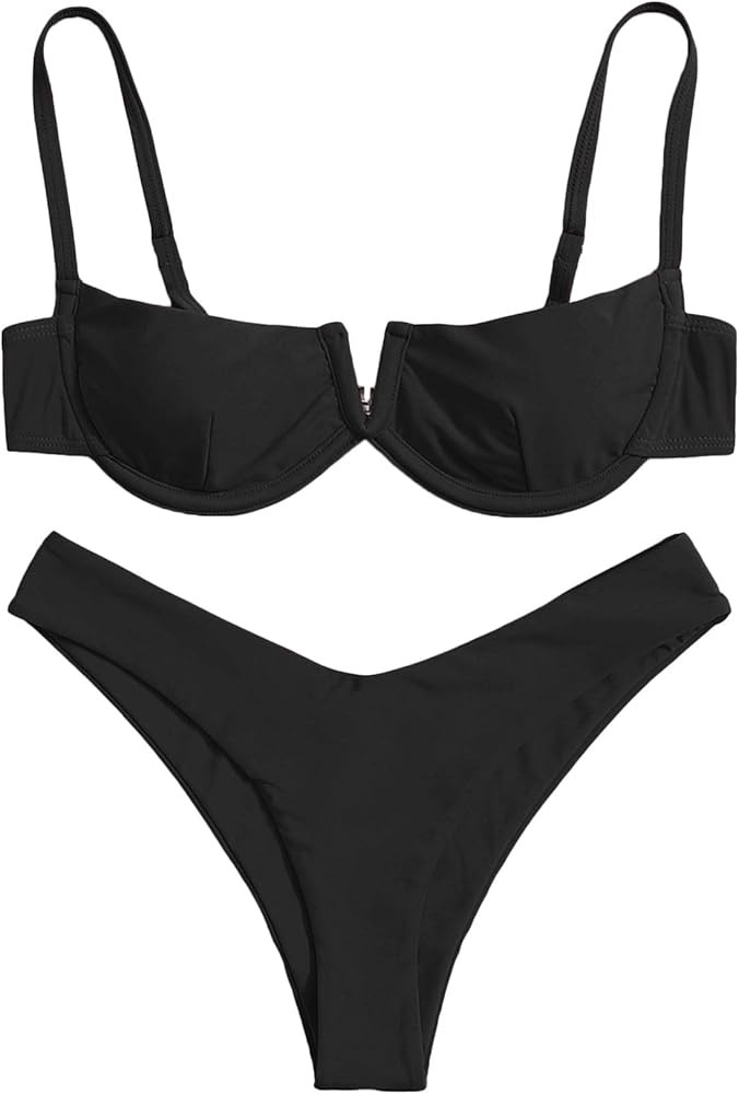 SheIn Women's 2 Piece Swimsuit Bikini Set Underwire High Cut Bathing Suit Swimwear | Amazon (US)