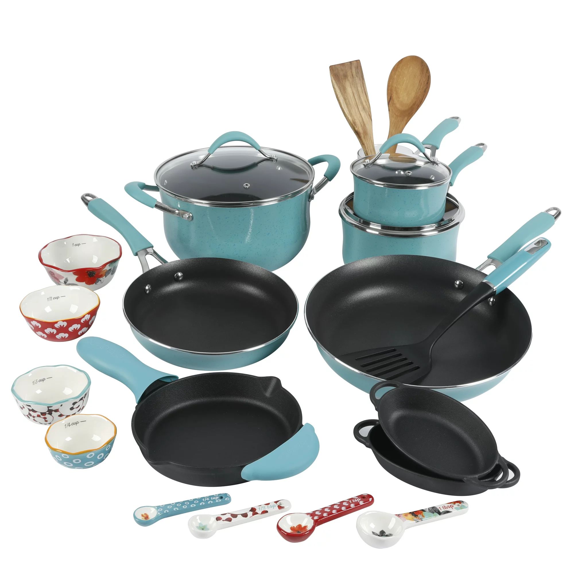 The Pioneer Woman Frontier Speckle 24-Piece Cookware Combo Set, Turquoise | Walmart (US)