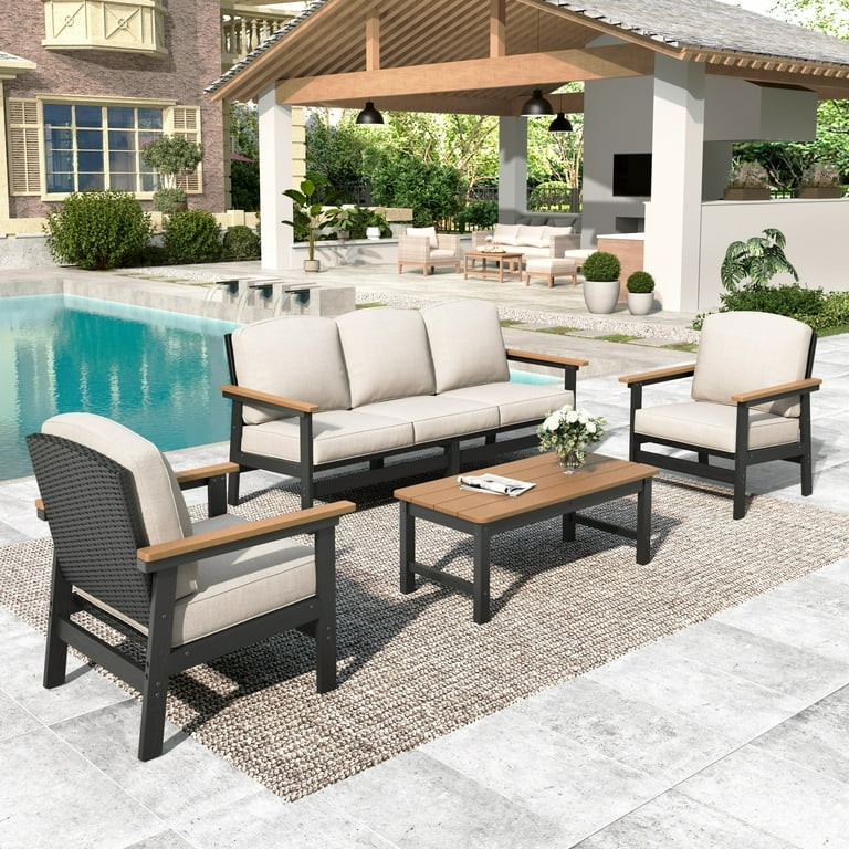 MF Studio 4-Piece HDPE Patio Furniture Set, Weatherproof Outdoor Conversation Set with Thick Cush... | Walmart (US)