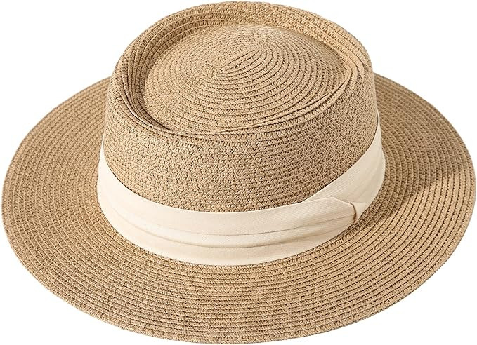 Lanzom UPF50+ Women Wide Brim Straw Panama Sun Hat Boater Summer Beach Sun Hat | Amazon (US)