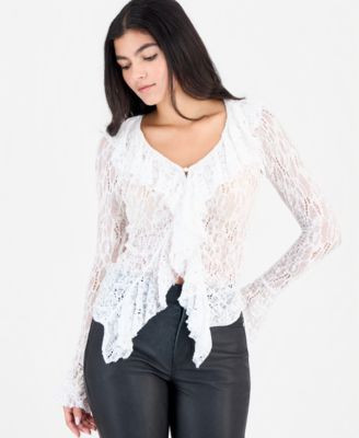 Women's Laney Sheer Ruffled V-Neck Cardigan Sweater | Macy's