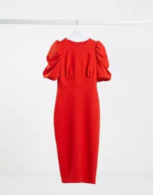 ASOS DESIGN puff sleeve midi dress in red | ASOS (Global)