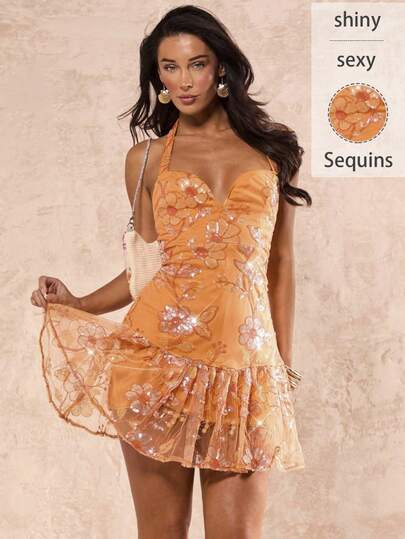 Glamine Women's Fitted Short Dress, Vibrant Orange, Slimming, Spring/Summer Orange Vacation Dress... | SHEIN