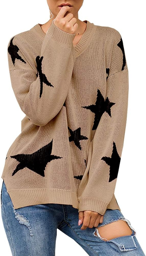 PRETTYGARDEN Women’s Winter V Neck Lantern Long Sleeve Star Color-Block Split Knit Sweater Pull... | Amazon (US)