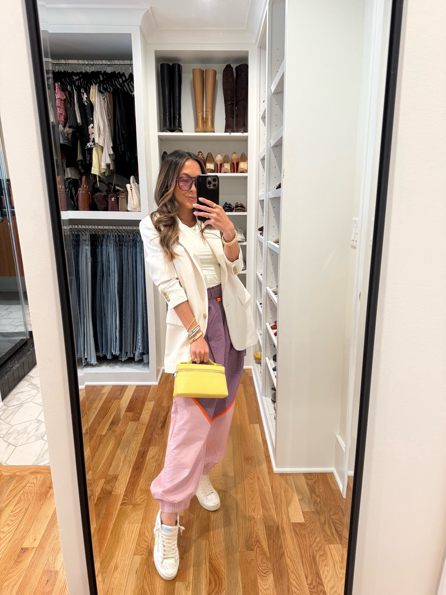 I love mixing athletic bottoms & more structured tops like this blazer. Easy, cool, comfortable look!! 
Blazer: XXS in light birch 
Top: XS
Pants: S in violet 
Sneakers: 35

#LTKootd #LTKOver40 #LTKPetite