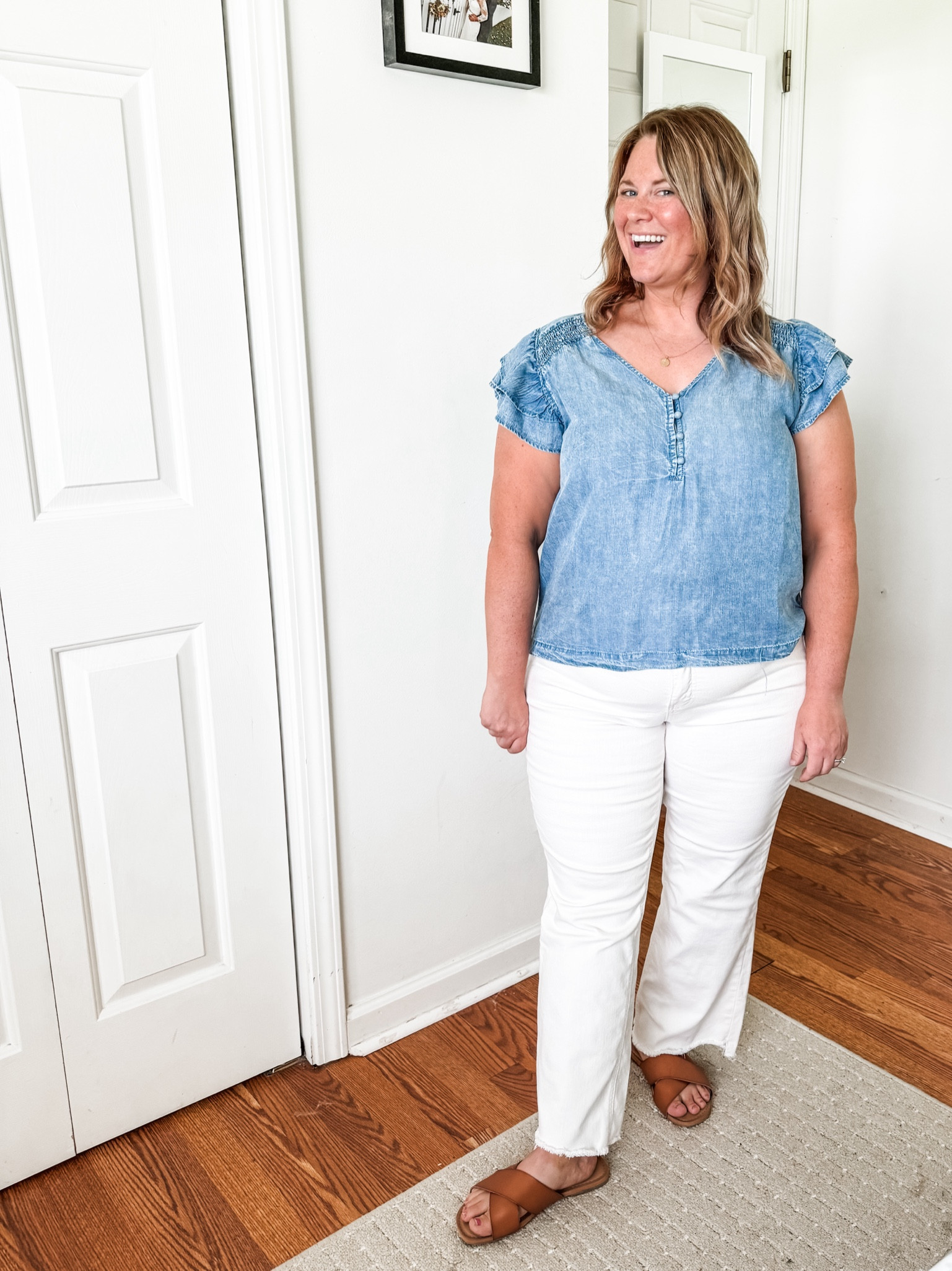A denim top and cream or white pants is perfect for summer- but will transition well to Fall too!

My chambray top is from TJ Maxx and isn’t linkable but I’ll link similar  

#LTKWorkwear #LTKBacktoSchool #LTKMidsize