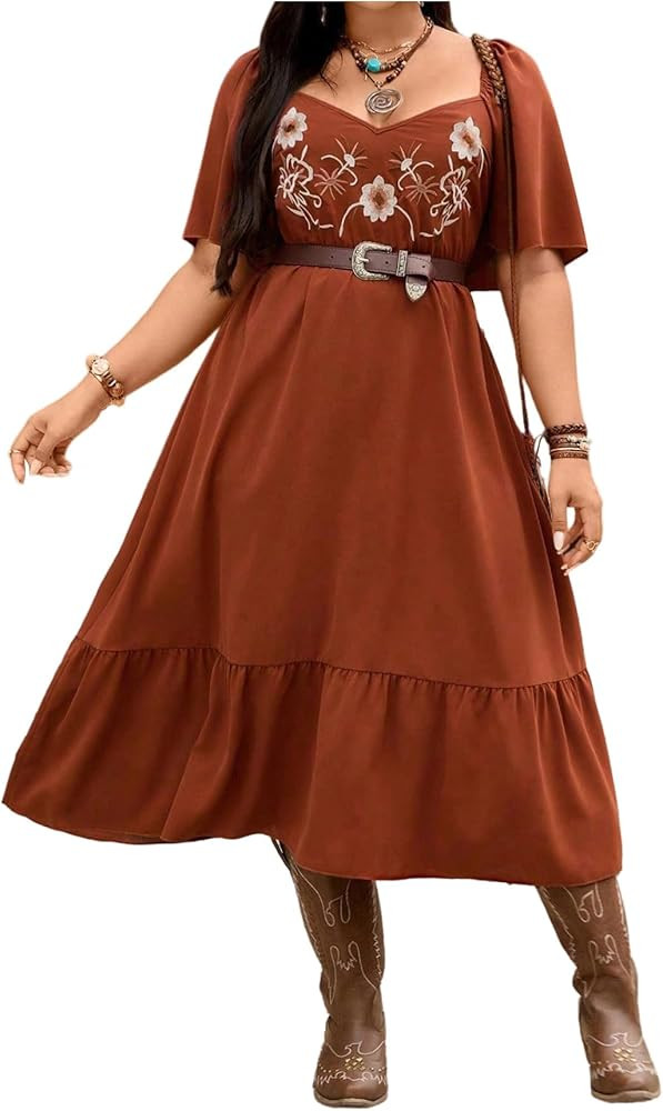 Women's Plus Size Western Cowgirl Dresses Flowy Boho Maxi Dress Floral Embroidered Ruffle Short S... | Amazon (US)