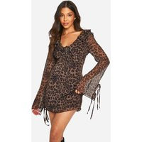 boohoo Women's Leopard Chiffon Ruffle Shift Dress in Brown | Size: 4 | Chiffon/Polyurethane | boohoo (US & Canada)
