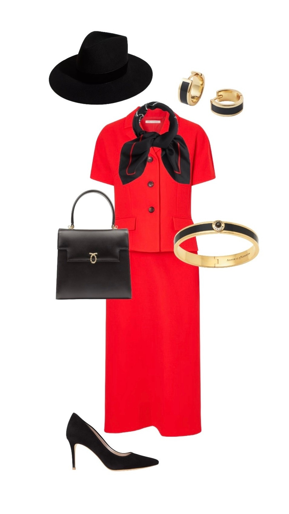 The most elegant red dress outfit - partner this Emilia Wickstead stunner with luxury and designer accessories ❤️🖤❤️

Brenson Triangle Black Felt Velvet Hat - at Free People

Red Midi Dress - Emilia Wickstead at Net a Porter (Last pieces!) 

Black Leather Traviata Handbag - Launer London

Black Ballet Print Silk Scarf - Karl Lagerfeld 

Black Suede Leather 
‘Claudia’ Heels (available in several heights) - Emmy London

Black Gold Enamel Huggie Hoop Earrings & Bangle

#LTKuk #LTKeurope #LTKstyletip #LTKeurope #LTKshoes #LTKbag #LTKFashionMonth #LTKluxury #LTKdresses