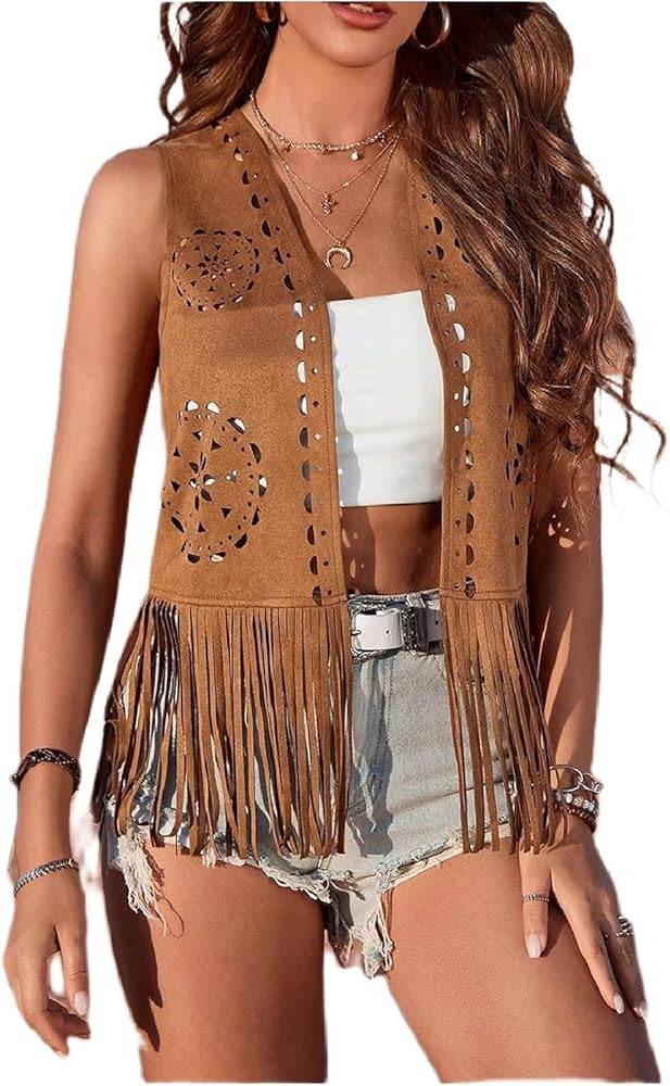 Women Boho Western Tassel Vest Open Front Faux Suede Fringe Cardigan Sleeveless Jacket Vintage Hi... | Amazon (US)