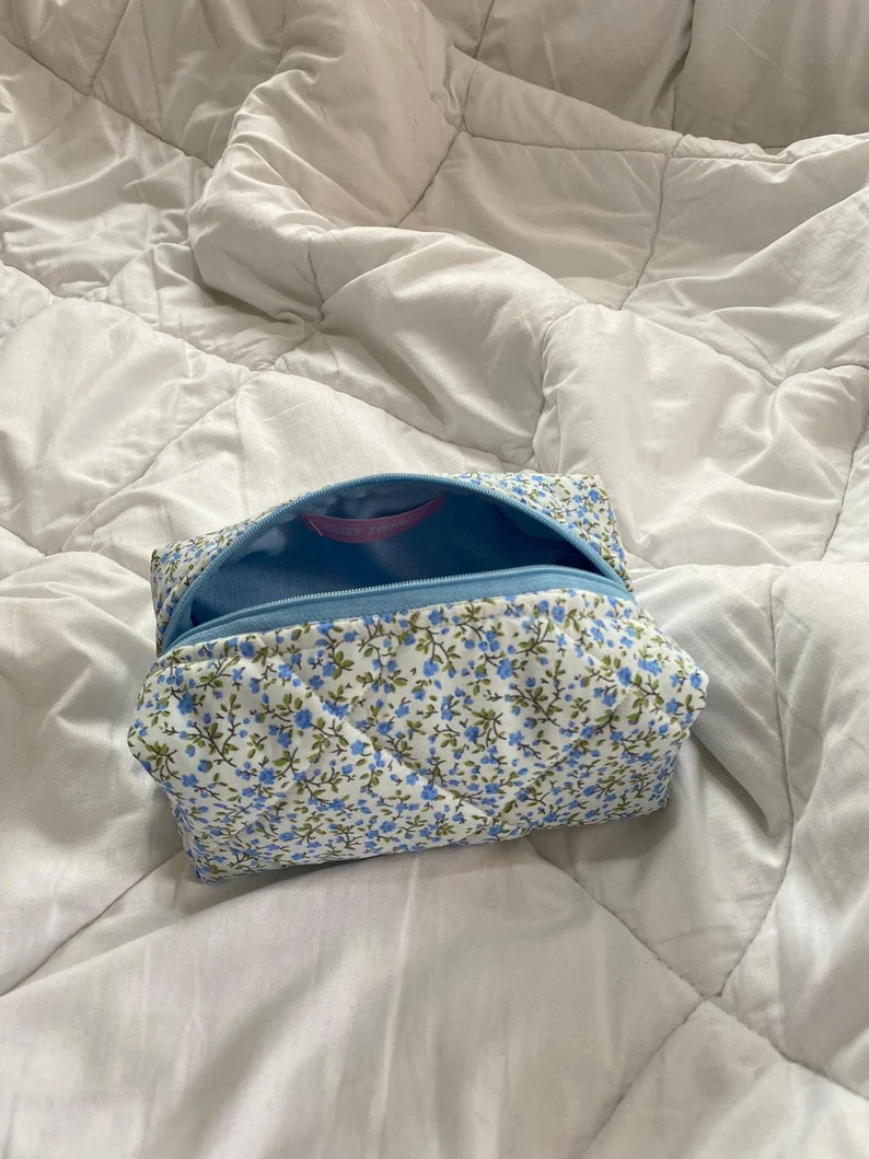 Makeup Bag, Blue Floral Makeup Bag, Toiletry Bag, Cosmetic Bag, Blue Candy Makeup Bag | Etsy (US)