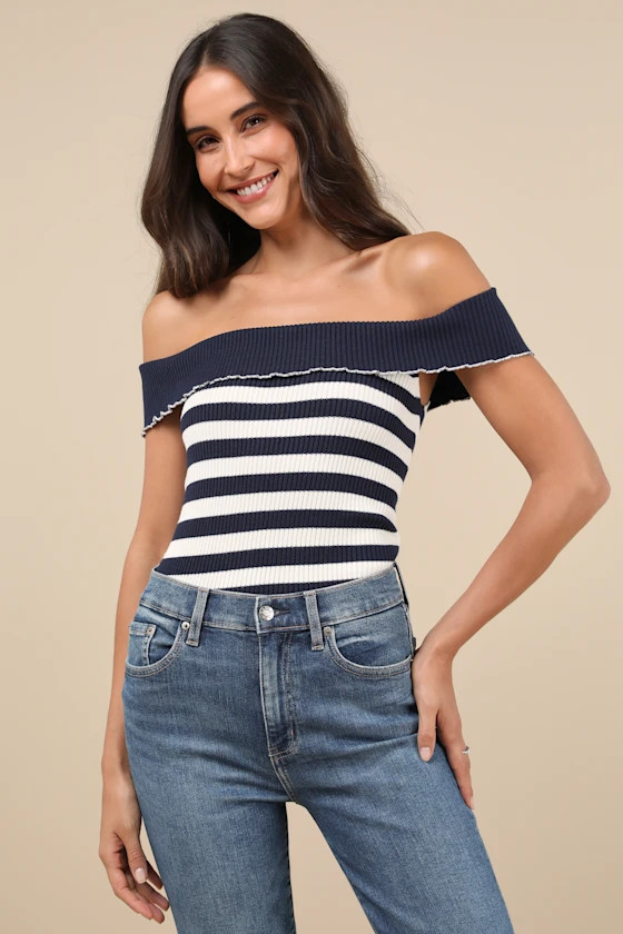 Falea Navy Striped Ribbed Off-the-Shoulder Top | Lulus