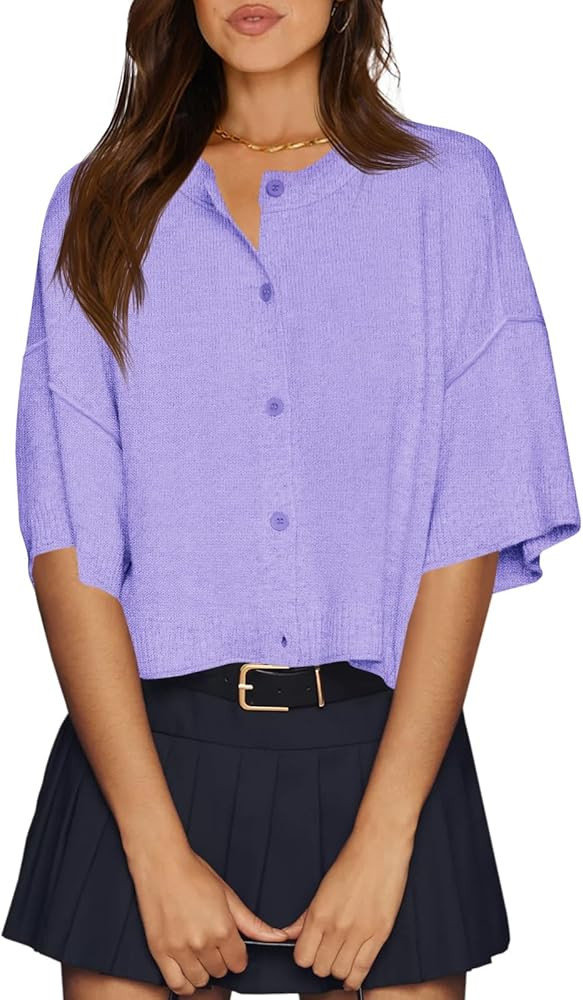 Cicy Bell Womens Half Sleeve Cardigan Sweaters Cropped Button Down Tops Oversized Lightweight Rib... | Amazon (US)
