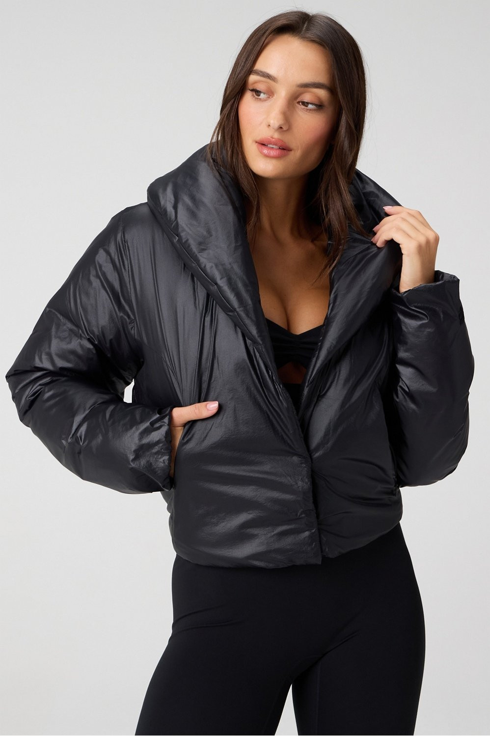 Shawl Collar Puffer Shine Jacket | Fabletics