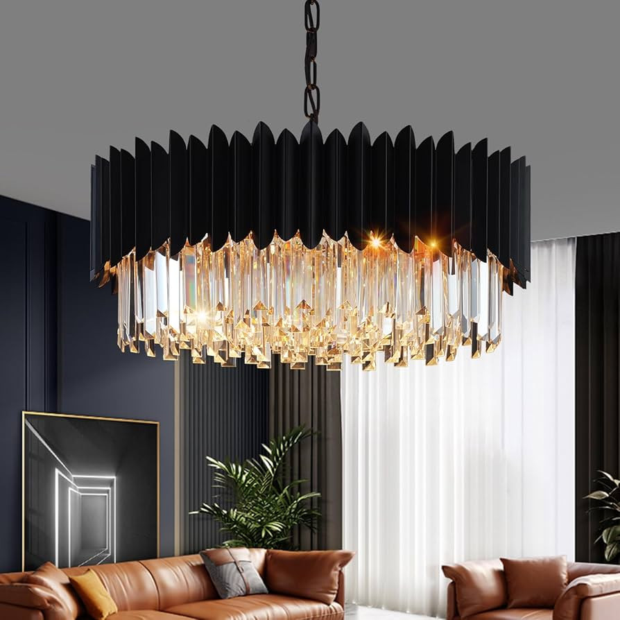 Black Crystal Chandelier 23.62'' K9 Crystal Round Pendant Lights Adjustable 5-Tier Large Modern C... | Amazon (US)