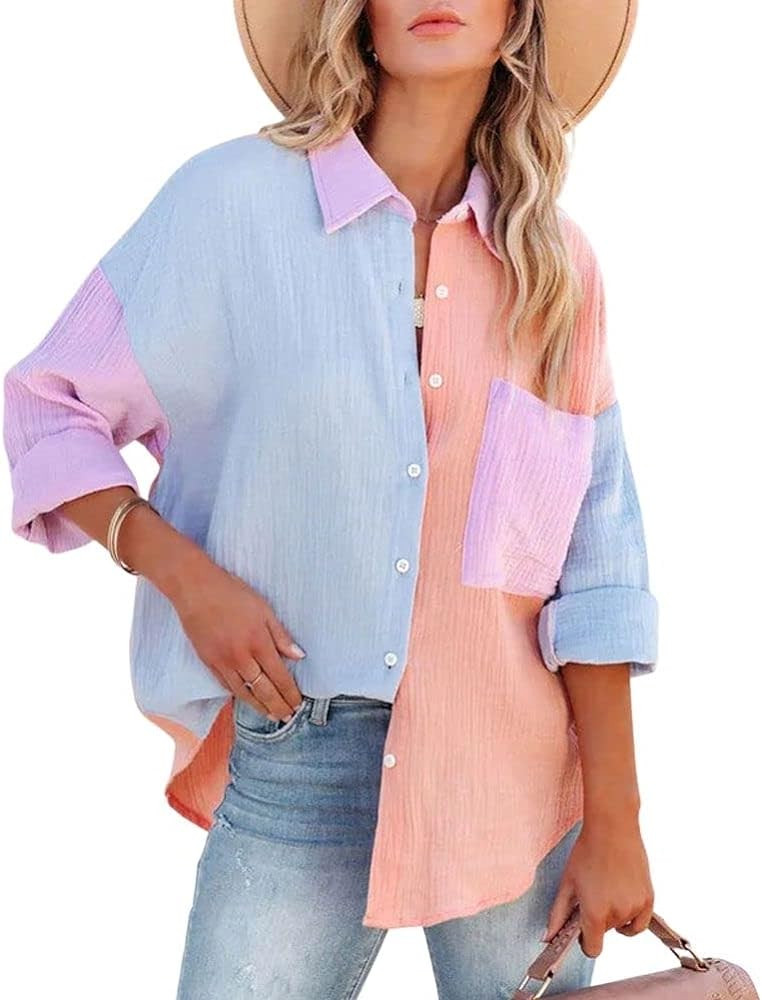 chouyatou Women's Color Block Long Sleeve Button Down Boyfriend Shirt Blouses | Amazon (US)